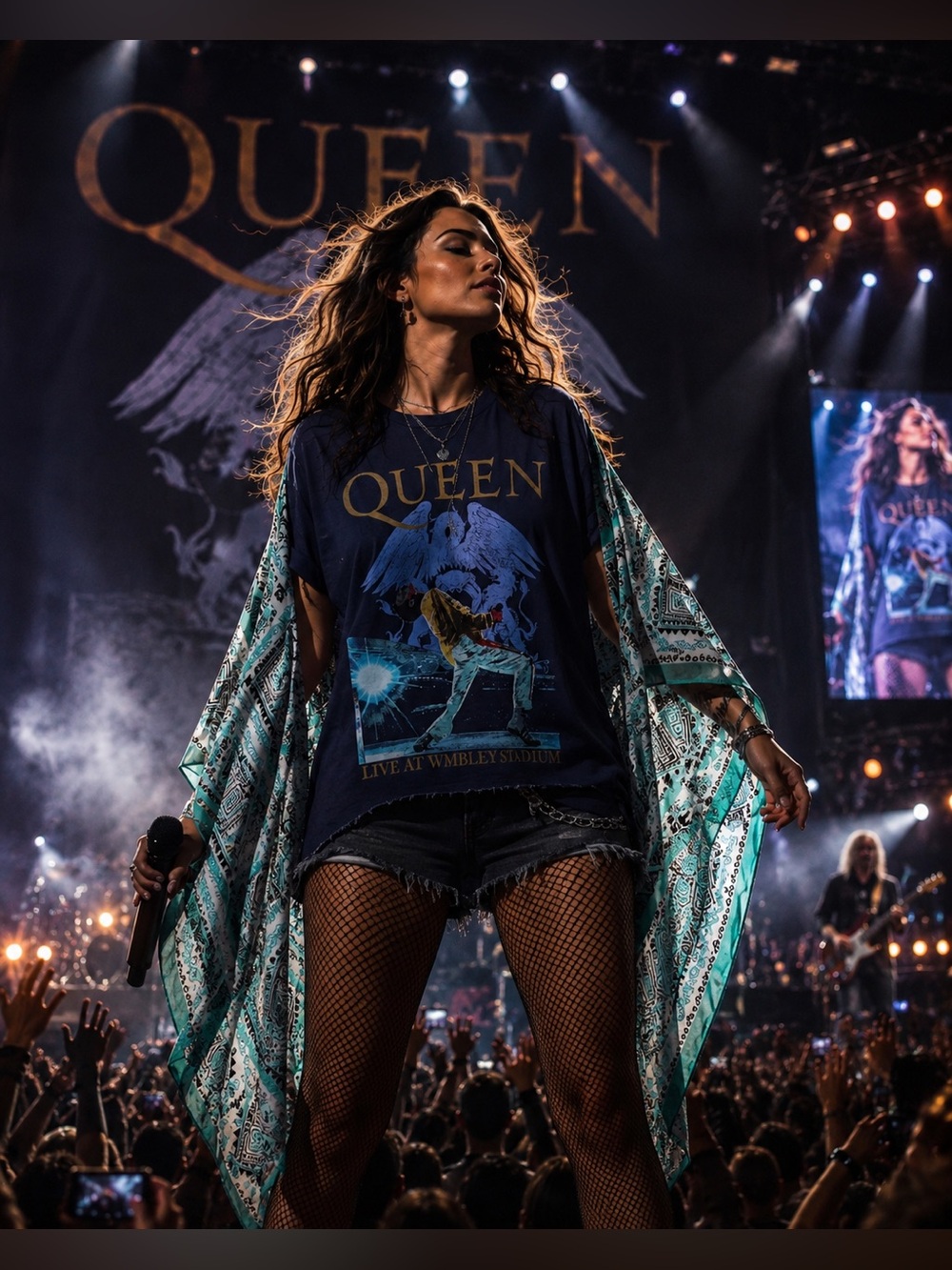 Custom Upcycled QUEEN Graphic Tee Shirt Kimono Poncho Sleeves Top OSFM OOAK